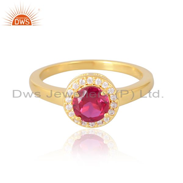 Sterling Silver 18K Gold Plated Round Ruby Cz Ring