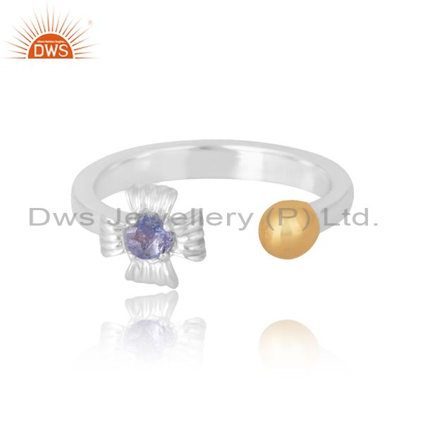 Adjustable Dot And Floral Tanzanite Round Cut Silver Ring