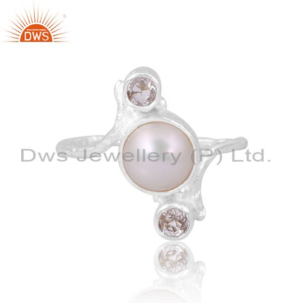 Exquisite Crystal Quartz and Pearl Sterling Silver Ring