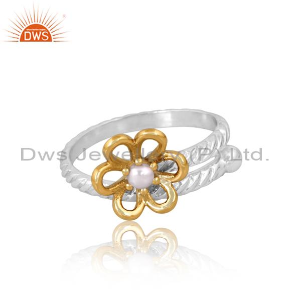 Exquisite Gold Plated Pearl Flower Engagement Ring