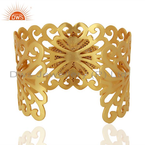 Exporter 18K Yellow Gold Plated Brass Filigree Designer Wide Cuff Bracelet With CZ