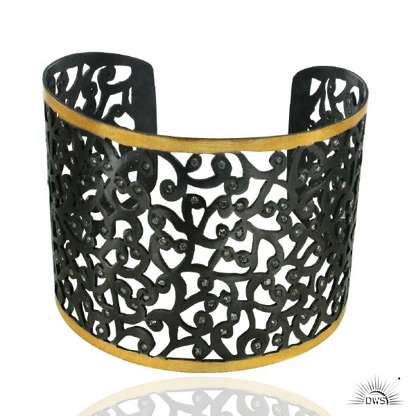 Suppliers Designer Sterling Silver Filigree Design Wide Cuff Bracelet With CZ