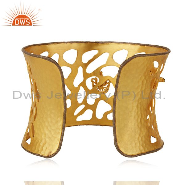 Suppliers 22K Yellow Gold Plated Filigree Peacock Design CZ Wide Cuff Bracelet Jewelry