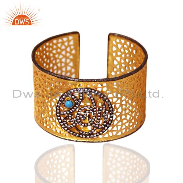 Suppliers 18K Gold Plated Sterling Silver Turquoise And CZ Filigree Designer Cuff Bracelet