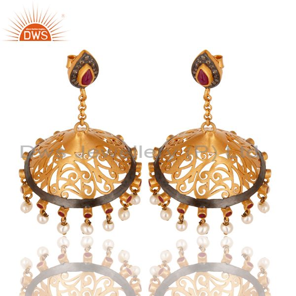 Suppliers 18K Gold Plated Sterling Silver Diamond, Pearl and Ruby Ethnic Jhumka Earrings