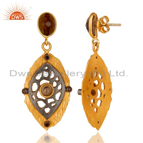 Suppliers Vintage 18k Gold Smoky Quartz Earring Textured Finish Solid 925 Silver Estate Je