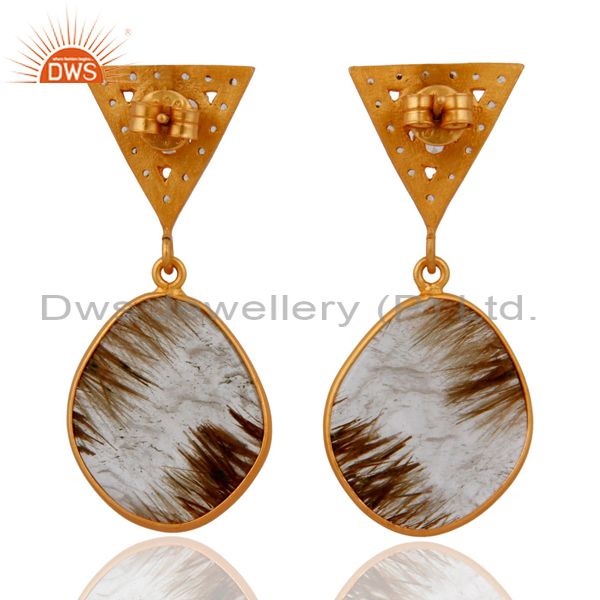 Suppliers 18k Gold Plated Sterling Silver Natural Rutilated Quartz Slice Dangle Earrings