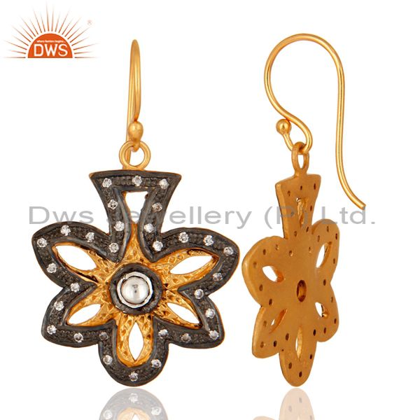 Suppliers Yellow Gold Plated Sterling Silver CZ Accent Flower Dangle Earrings
