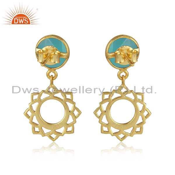 Heart chakra earring in yellow gold on silver with aqua chalcedony