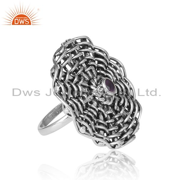 Amethyst Set Woven Style Oxidized Sterling Silver Boho Ring