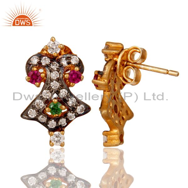 Suppliers Yellow Gold Plated 925 Sterling Silver Round Multi Zirconia Post Studs Earrings