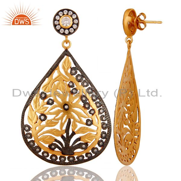 Suppliers Oxidized And 18K Gold Plated Silver CZ Floral Filigree Design Dangle Earrings