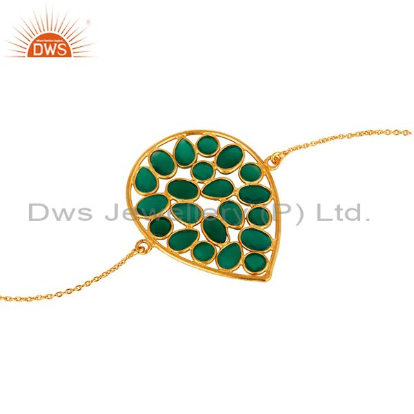 Suppliers 14K Gold Plated 925 Silver Green Onyx Gemstone Chain Bracelet With Lobster Lock