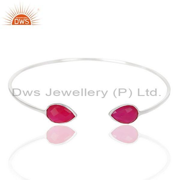 Suppliers Pink Chlacedony Adjustable Openable White Rhodium 92.5 Sterling Silver Bangle