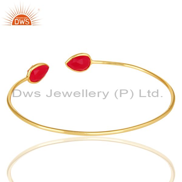 Suppliers Dyed Pink Chalcedony Gemstone 18K Yellow Gold Plated Sterling Silver Bangle
