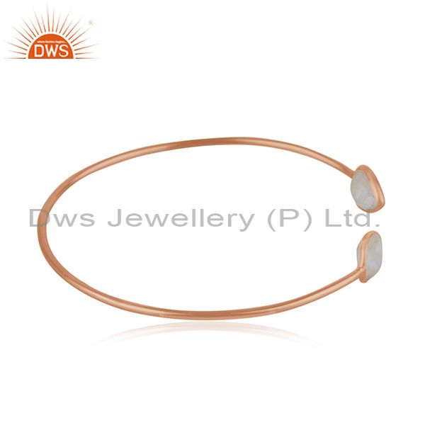 Suppliers Rose Gold Plated 925 Silver Rainbow Moonstone Simple Cuff Bracelet Wholesaler
