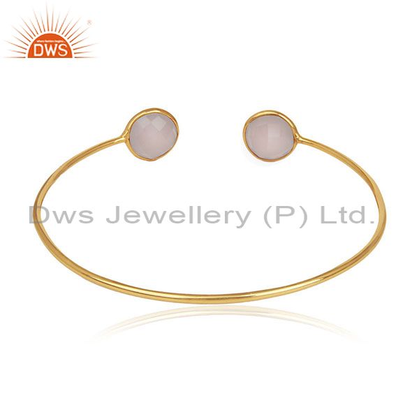 Suppliers Handmade 18k Gold Plated 925 Silver Chalcedony Gemstone Cuff Bracelet Wholesale