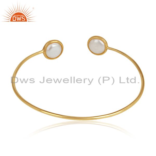 Designer of Natural pearl gemstone womens 18k gold plated sleek cuff bangles