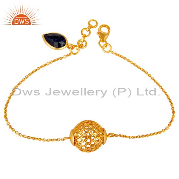 Suppliers 18K Gold Plated Sterling Silver Ball Designer Blue Sapphire Chain Bracelet