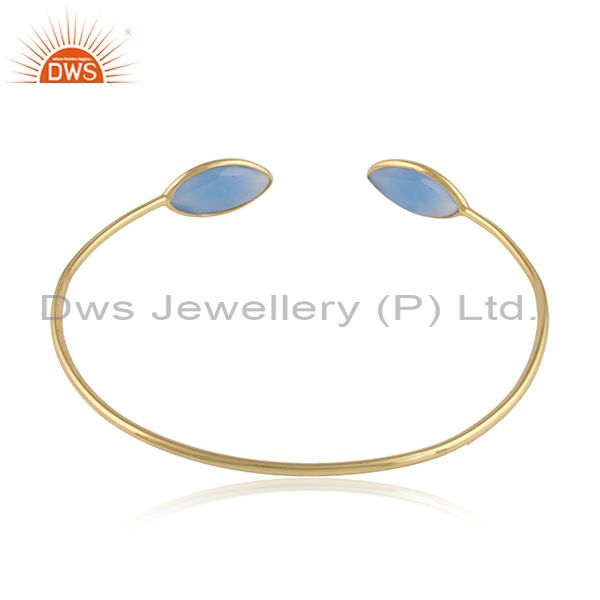 Designer of 18k gold plated 925 silver blue chalcedony gemstone cuff bangles