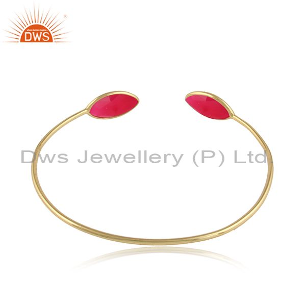 Designer of Pink chalcedony gemstone designer gold plated silver cuff bangle