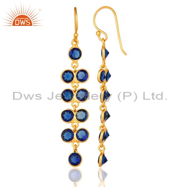 Suppliers Gold Plated Sterling Silver Round Cut Blue Corundum Bezel Set Dangle Earrings