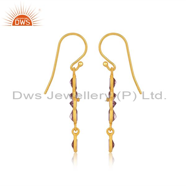 Exporter Natural 24k Gold Plated 925 Sterling Silver Amethyst Dangle Hook Earrings