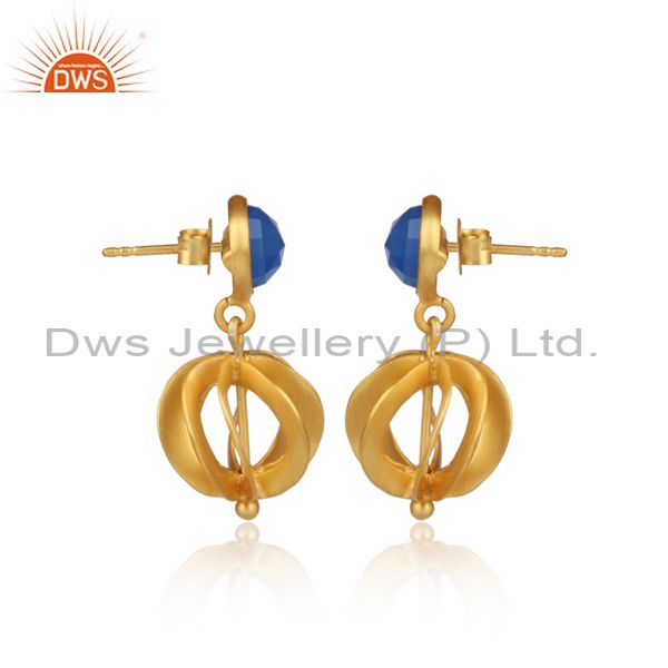 Exporter 24K Yellow Gold Plated Sterling Silver Blue Chalcedony Designer Dangle Earrings