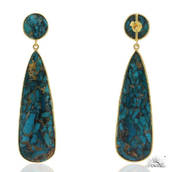 Exporter 18K Yellow Gold Plated Sterling Silver Turquoise Bezel Set Dangle Earrings