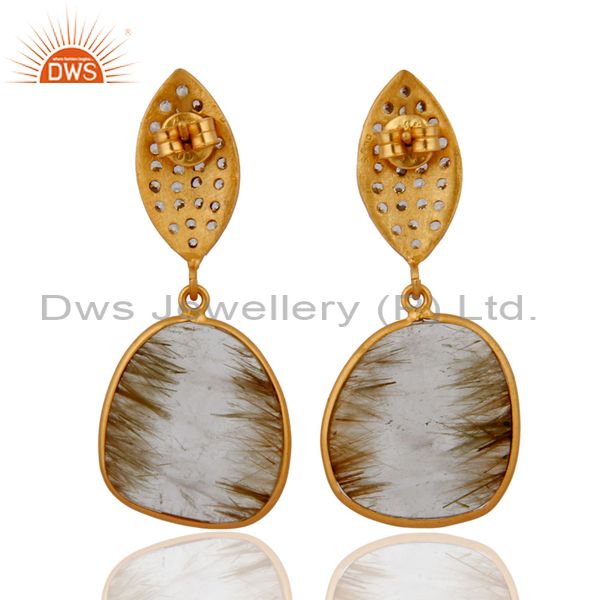 Suppliers Sliced Rutilated Quartz & White Cubic Zirconia Earring in 18k Gold On Silver 925