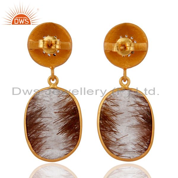 Suppliers 18ct Gold Plated on 925 Sterling Silver Rutilated Quartz & CZ Dangle Earrings