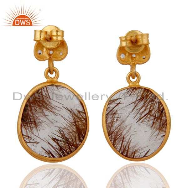 Suppliers Gorgeous Rutilated Quartz Faceted Gemstone and White Zircon Dangle Earrings