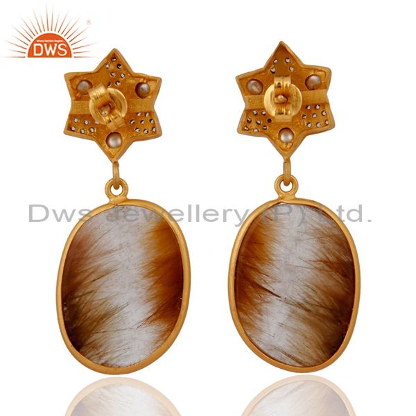Suppliers Gold Plated 925 Sterling Silver Rutilated Quartz White Zircon Earrings