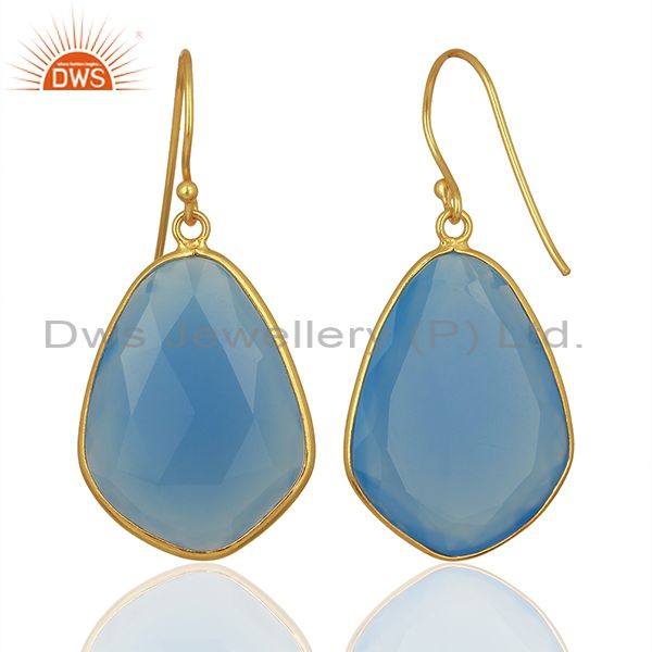 Exporter Blue Chalcedony Gemstone 925 Silver Gold Plated Earrings Jewelry