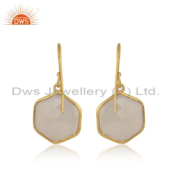 Gold Plated White Chalcedony Gemstone 925 Sterling Silver Handmade Hook Earring