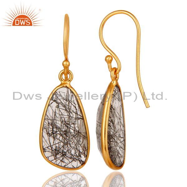 Suppliers 18K Gold Plated Sterling Silver Black Rutile Gemstone Bezel Set Earrings