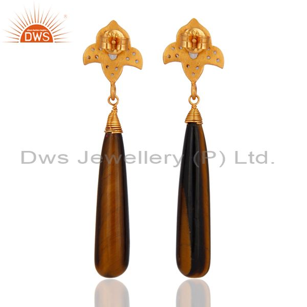 Suppliers Tiger Eye Smooth Pencil Gemstone 925 Sterling Silver Stunning CZ Drop Earrings