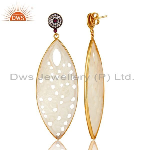 Suppliers 18K Yellow Gold Plated Sterling Silver Carved Mother Of Pearl Dangle Earrings
