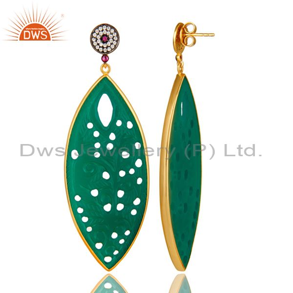 Suppliers 14K Yellow Gold Plated Sterling Silver Carved Green Onyx Dangle Earrings With CZ