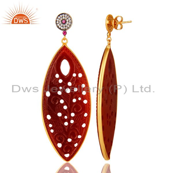 Suppliers 18K Gold On Silver CZ And Red Onyx Gemstone Carving Bezel Set Dangle Earrings