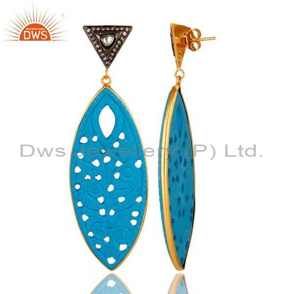 Suppliers 18K Gold Plated Sterling Silver CZ & Turquoise Gemstone Carved Dangle Earrings