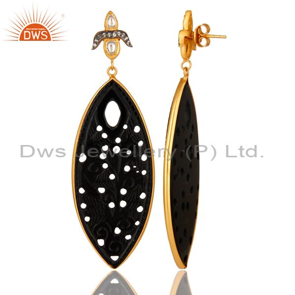 Suppliers Black Onyx Gemstone Carving Bezel Set Dangle Earrings In 18K Gold On Silver