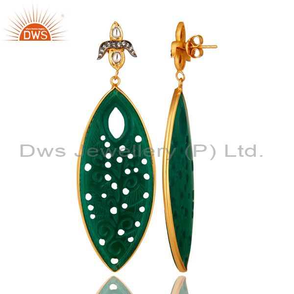 Suppliers 18K Gold Over Silver Green Onyx Gemstone Carving Bezel Set Dangle Earrings