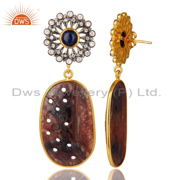 Suppliers 22K Gold Plated Sterling Silver Multi Sapphire Carved Dangle Earrings With CZ