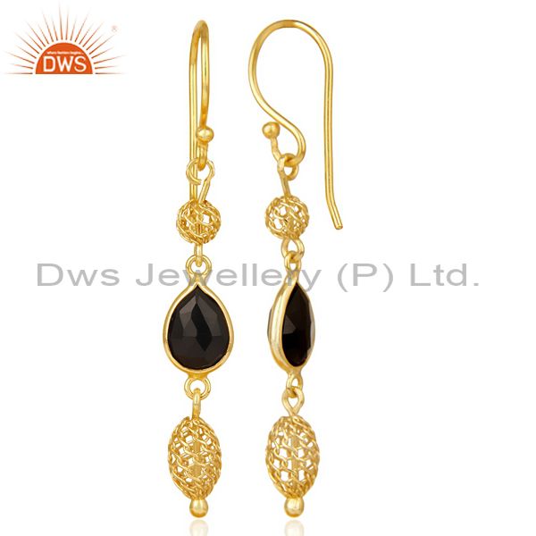 Suppliers Black Onyx Dangle 14K Yellow Gold Plated 925 Sterling Silver Earrings Jewelry