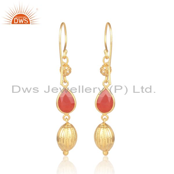 Exporter 18K Yellow Gold Over Sterling Silver Red Onyx Gemstone Dangle Earrings