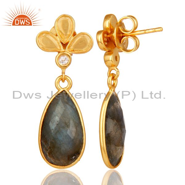 Exporter 18K Gold Plated Labradorite and White Topaz Sterling Silver Dangle Earring