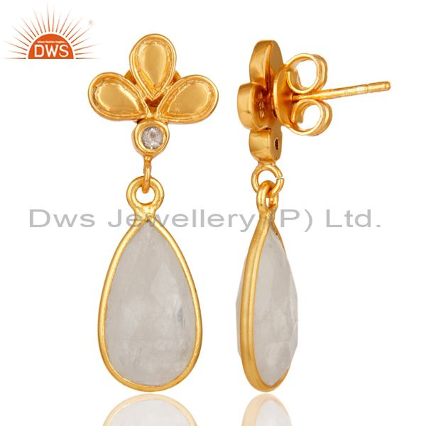 Suppliers 18K Gold Plated Rainbow Moonstone and White Topaz Sterling Silver Dangle Earring