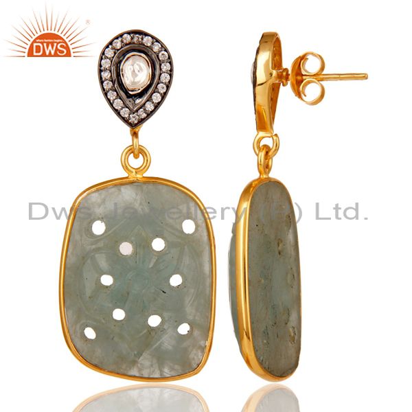 Suppliers Blue Sapphire Carving and Crystal 18K Gold Plated Sterling Silver Drop Earring