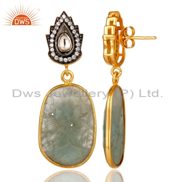 Suppliers 18k Gold Over Sterling Silver Blue Sapphire Carving And CZ Polki Drop Earrings